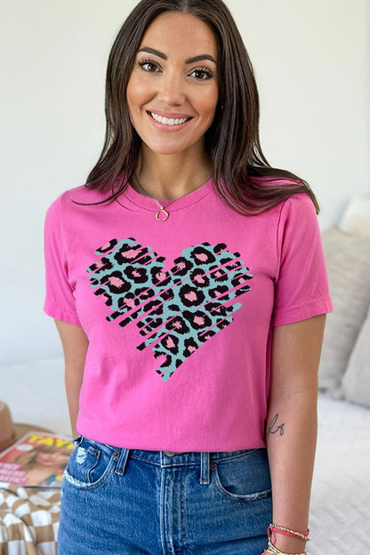 Valentine's Day Teal Leopard Heart Graphic Tee