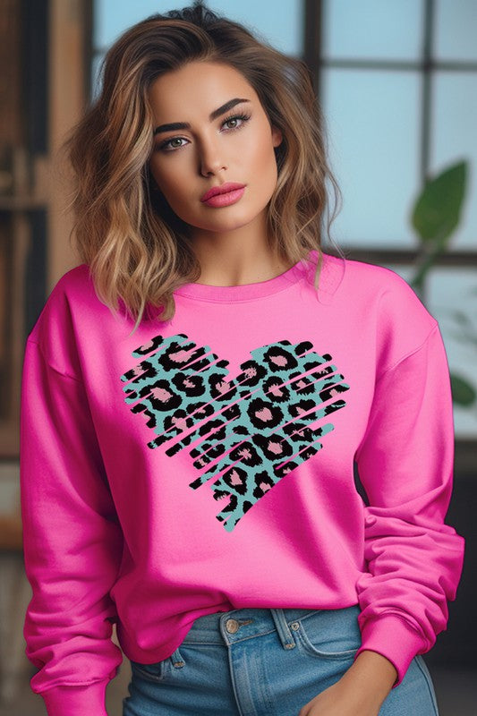 Valentine's Teal Pink Leopard Heart Sweatshirt