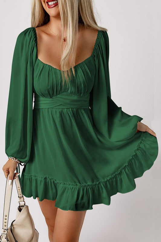 Women Ruffled High Waist Square Neck Mini Dress Embellished Home and Beauty Women Ruffled High Waist Square Neck Mini Dress Embellished Home and Beauty